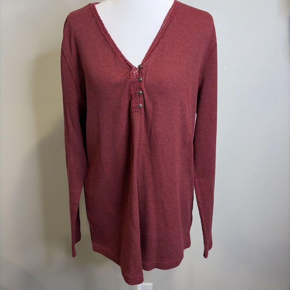 Eddie Bauer Henley Top Sz XXL Women’s Maroon Waffle Knit Thermal Lace V-Neck